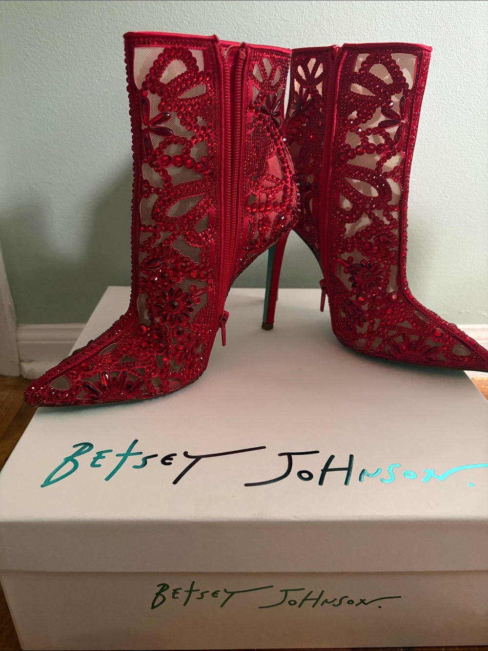 Betsey Johnson Red Beaded Lace High Heel Booties
